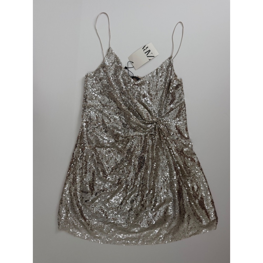 Zara Silver Sequin Knot Wrap Mini Dress NWT Party Cocktail Medium